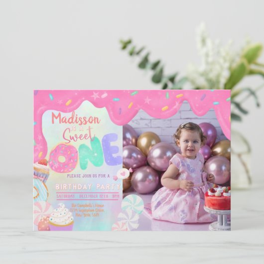 Foto Donut Sweet One Einladung (Stehend Vorderseite)