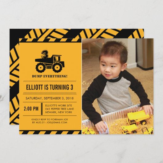 Foto Dump Truck Geburtstagsparty Einladungen (Vorne/Hinten)
