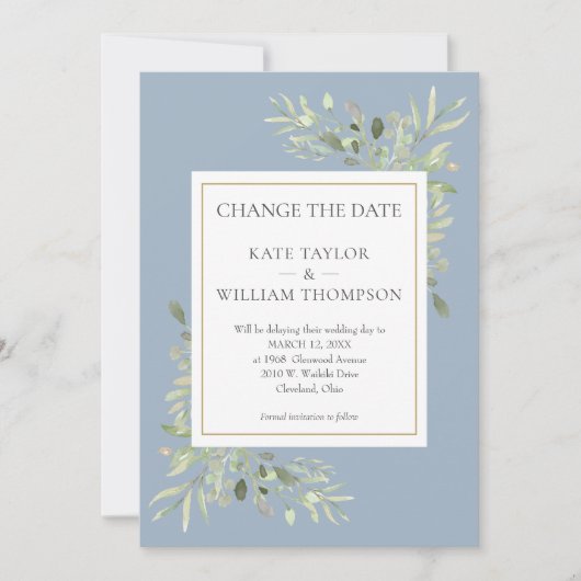 Foto Dusty Blue Ändern Sie das Datum Grüne Blätter Save The Date (Vorderseite)