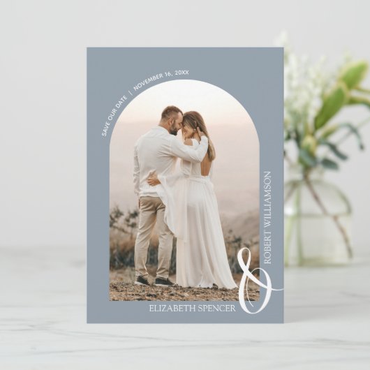 Foto Dusty Blue QR Code Hochzeit Save The Date (Stehend Vorderseite)