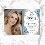 Foto Dusty Blue Silver 50. Geburtstag Einladung<br><div class="desc">Elegante florale feminine 50. Geburtstagseinladung mit Ihrem Foto. Glam-Design mit Imitaten Silber. Enthält hellblaue Rose,  Skript-Schriftart und Konfetti. Ideal für ein stilvolles Party für Erwachsene. Personalisieren Sie Ihre persönlichen Daten. Kann für jedes Alter angepasst werden! Gedruckte Zazzle Einladungen oder Sofortdownload digitalen druckbaren Vorlage.</div>