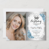 Foto Dusty Blue Silver 50. Geburtstag Einladung (Vorderseite)