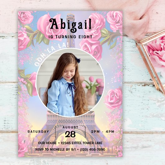 Foto Eiffel Tower Pink Roses Chic Französisch Gebu Einladung