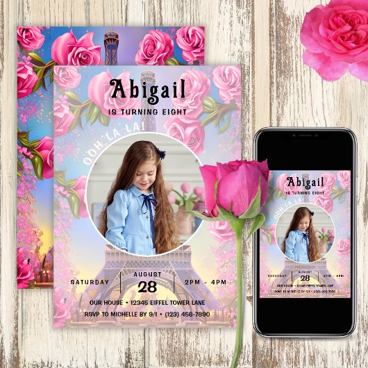Foto Eiffel Tower Pink Roses Chic Französisch Gebu Einladung