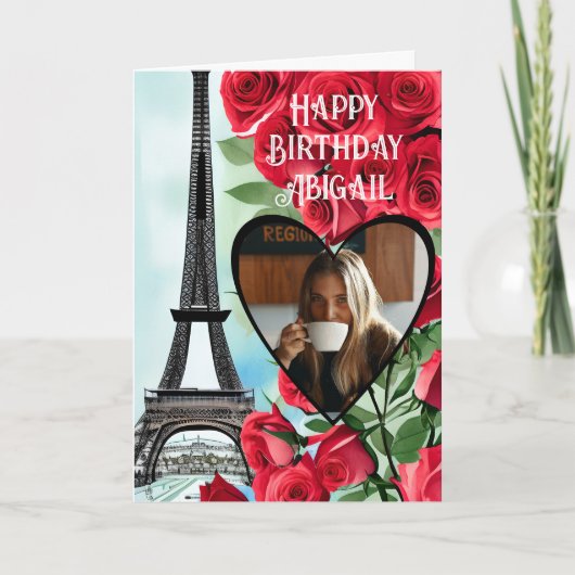 Foto Eiffel Tower Rote Rosen Personalisiert Geburt Karte (Vorderseite)