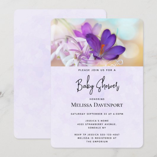 Foto einer Hübschen Lila Spring Crocus Babydusche Einladung (Vorne/Hinten)
