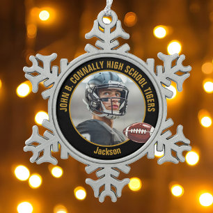 Foto eines Footballspielers der Black Gold High Sc Schneeflocken Zinn-Ornament