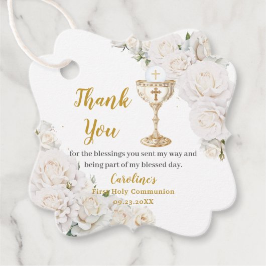 Foto eines weißen floralen Kelchs zur Erstkommunio Geschenkanhänger (Vorderseite)