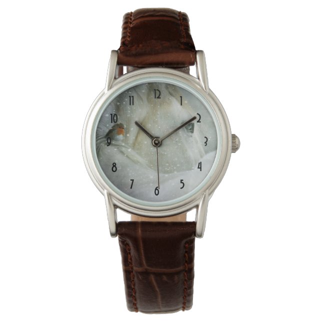 Foto eines Weißen Pferdes und Vogels im Winter Armbanduhr (Vorderseite)