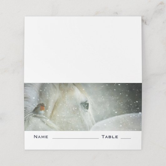 Foto eines Weißen Pferdes und Vogels im Winter Platzkarte (Außenseite Aufgefaltet)