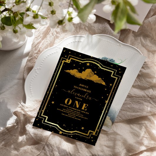 Foto Elegant Black Gold Celestial 1. Geburtstag Einladung