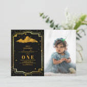 Foto Elegant Black Gold Celestial 1. Geburtstag Einladung (Stehend Vorderseite)