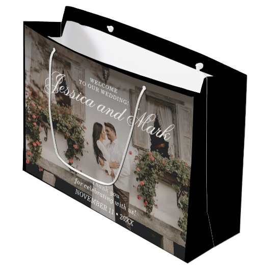 Foto Elegant Black Wedding Willkommen Große Geschenktüte (Vorderseite Schrägansicht)