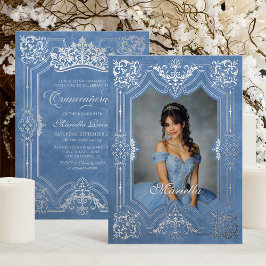 Foto Elegant Blue Crown Tiara Royal Quinceanera Folieneinladung