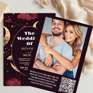 Foto Elegant Burgundy Gold Celestial Wedding Einladung