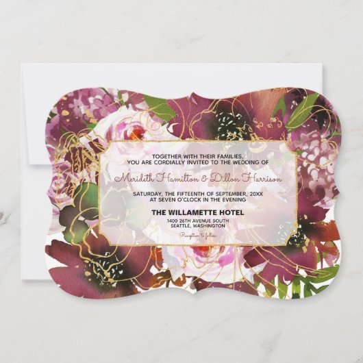 Foto Elegant Burgundy Gold Pink Blumenzehen Einladung (Vorderseite)