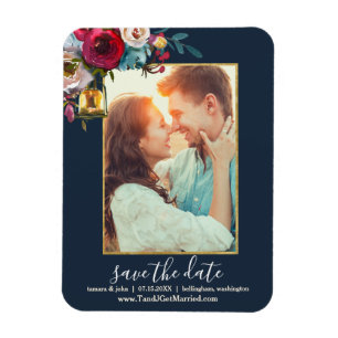 Foto Elegant Burgundy Navy Floral Save the Date Magnet