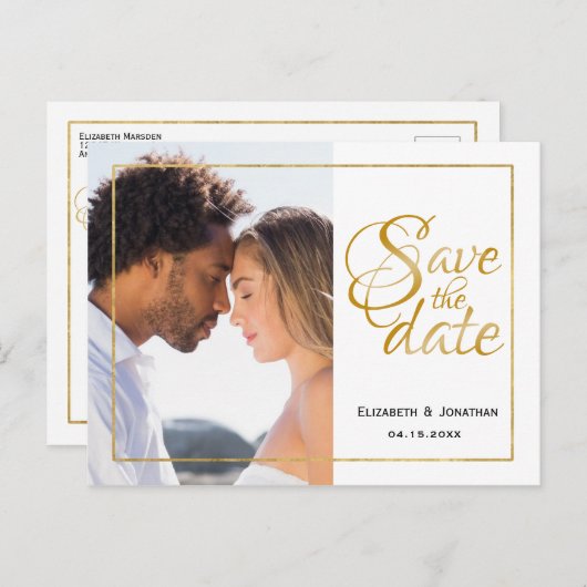 Foto Elegant Gold Script Formal Save the Date ZZ Ankündigungspostkarte (Vorne/Hinten)