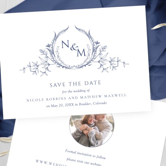 Foto, Elegant Navy Blue Monogram Wedding Save The Date