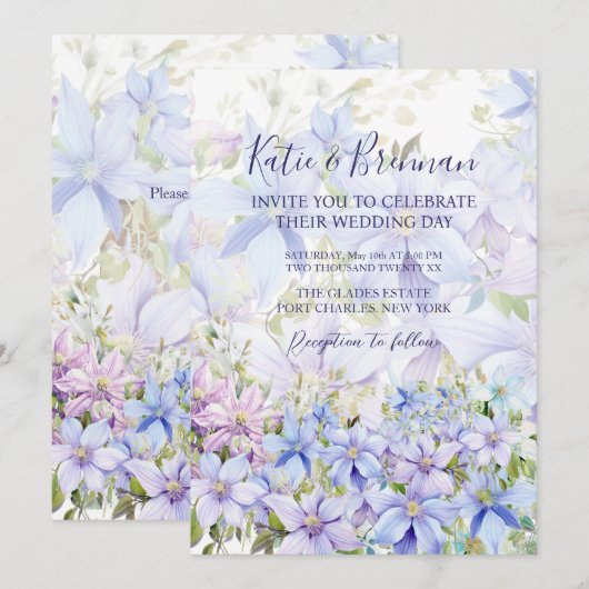 Foto Elegant Periwinkle Clematis QR Code Wedding Einladung (Vorne/Hinten)