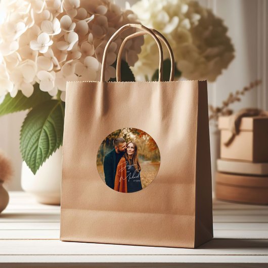 Foto Elegant Script Boho Wedding Runder Aufkleber