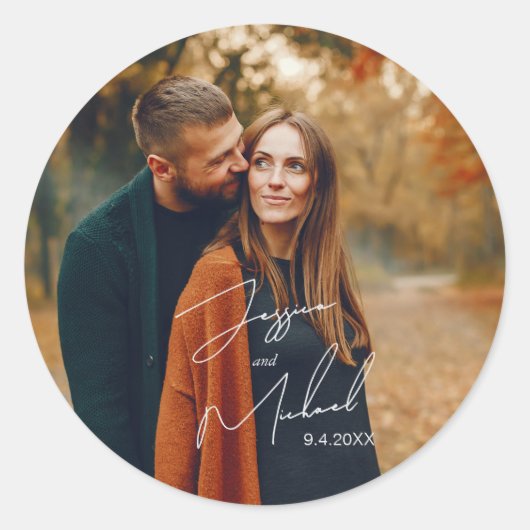 Foto Elegant Script Boho Wedding Runder Aufkleber (Vorderseite)
