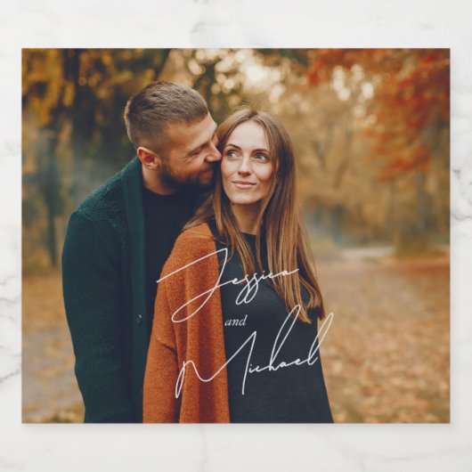 Foto Elegant Script Boho Wedding Schaumweinetikett (Einzelnes Label)