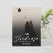 Foto Elegant Script PhD Grad Graduation Party Einladung (Stehend Vorderseite)