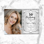 Foto Elegant Silver 50. Geburtstag Einladung<br><div class="desc">Elegante weibliche 50. Geburtstagseinladung mit Ihrem Foto. Glam-Design mit Imitaten Glitzer Silber. Enthält Streifen,  Skript-Schriftart und Konfetti. Ideal für ein stilvolles Party für Erwachsene. Personalisieren Sie Ihre persönlichen Daten. Kann für jedes Alter angepasst werden! Gedruckte Zazzle Einladungen oder Sofortdownload digitalen druckbaren Vorlage.</div>