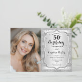 Foto Elegant Silver 50. Geburtstag Einladung (Stehend Vorderseite)