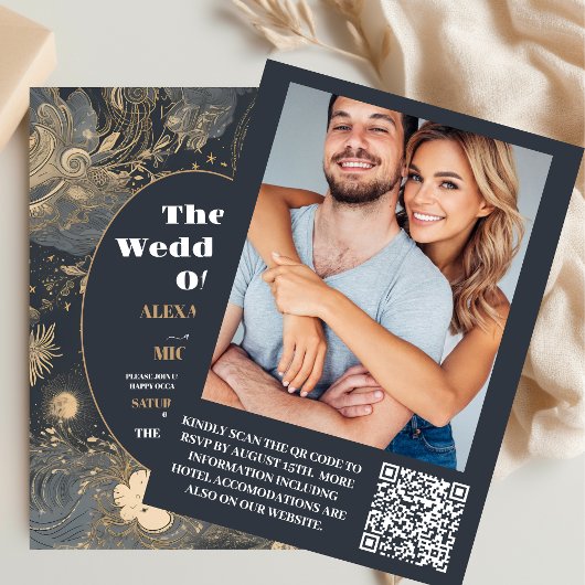 Foto Elegant Silver Gold Celestial Wedding Einladung