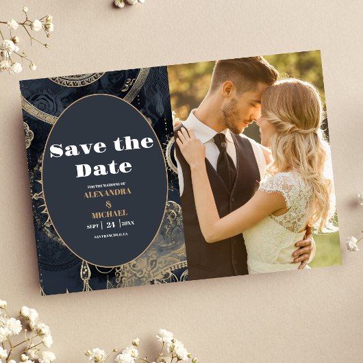 Foto Elegant Silver Gold Celestial Wedding Save The Date