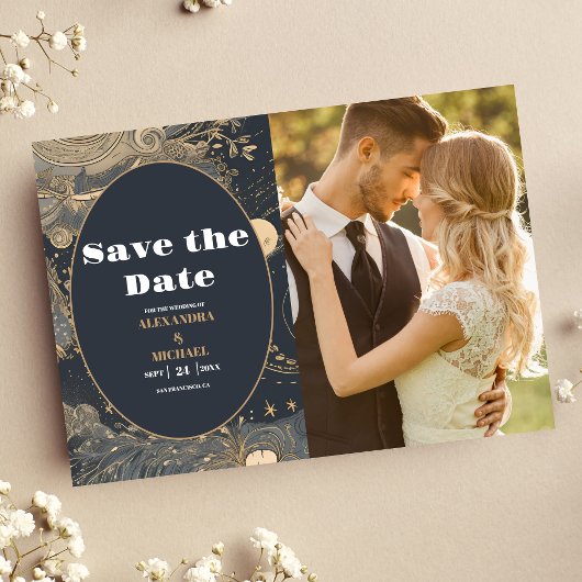 Foto Elegant Silver Gold Celestial Wedding Save The Date
