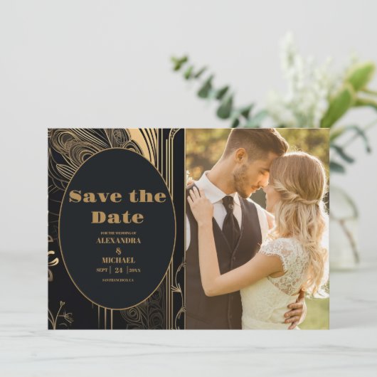Foto Elegante Art Deco Save The Date (Stehend Vorderseite)