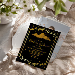 Foto Elegante Black Gold Celestial Baby Dusche Einladung