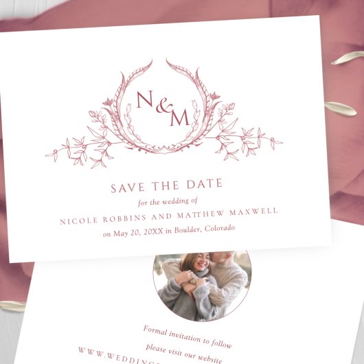 Foto, elegante Burgundy Monogram Wedding Save The Date