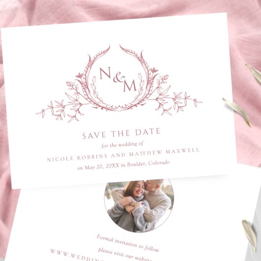 Foto, elegante Dusty Rose Monogram Wedding Save The Date