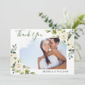 FOTO Elegante Eukalyptus Weißer Rosen Blütenblättr Dankeskarte (Stehend Vorderseite)