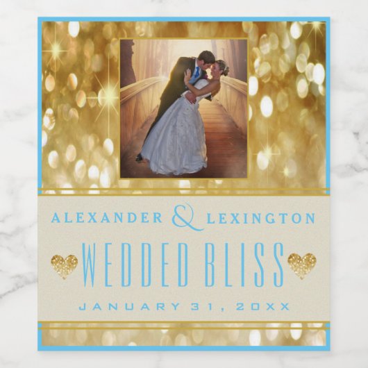 Foto Elegante Hochzeit Gold und Blue Weinetikett (Einzelnes Label)