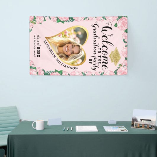 Foto Eleganter Blumenrosa Abschluss Willkommen Banner (Messeveranstaltung)