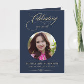 Foto Elegantes Blau Gold Schrift Trauerprogramm Karte (Vorderseite)