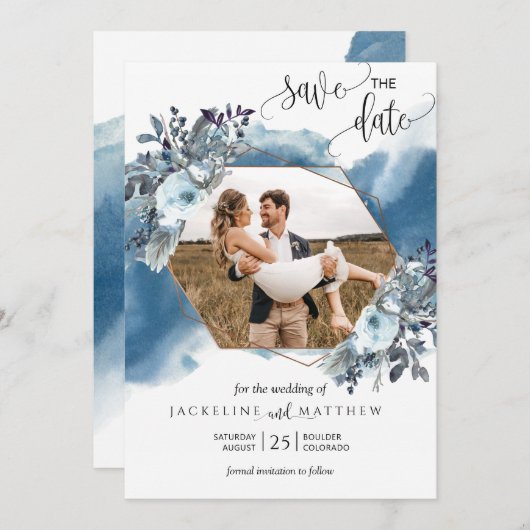 Foto Elegantes geometrisches blaues Wasser Save The Date (Vorne/Hinten)