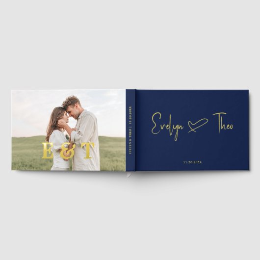 Foto Elegantes Script Heart Blue Wedding Gästebuch (Voll)