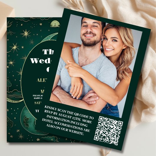 Foto Emerald Green Gold Celestial Wedding Einladung