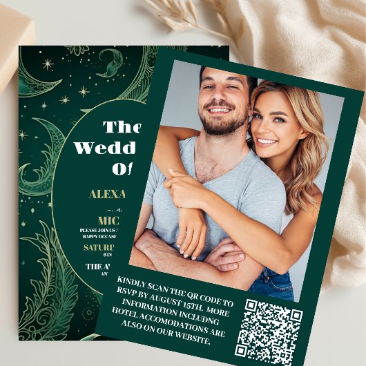 Foto Emerald Green Gold Celestial Wedding Einladung