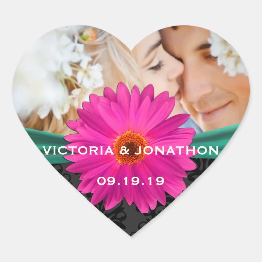 Foto Emerald und Pink Gerber Daisy Wedding Herz-Aufkleber (Vorderseite)