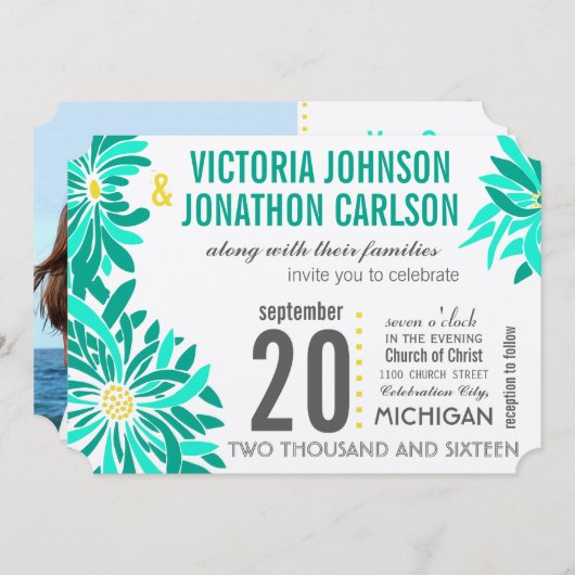 Foto Emerald Yellow Mint Moderne Blumenhochzeit Einladung (Vorne/Hinten)