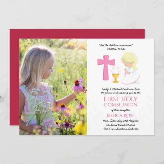 FOTO Erste Heilige Kommune Einladung Girl BLONDE (Vorne/Hinten)