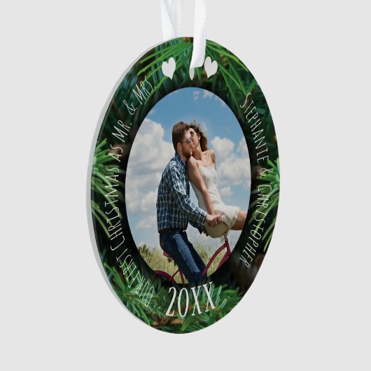 Foto Erste Weihnachten als Mr. & Mrs. Newlywed Pin Ornament (Vorderseite)