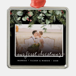 Foto Erste Weihnachten Verheiratet Winter Grün Ornament Aus Metall
